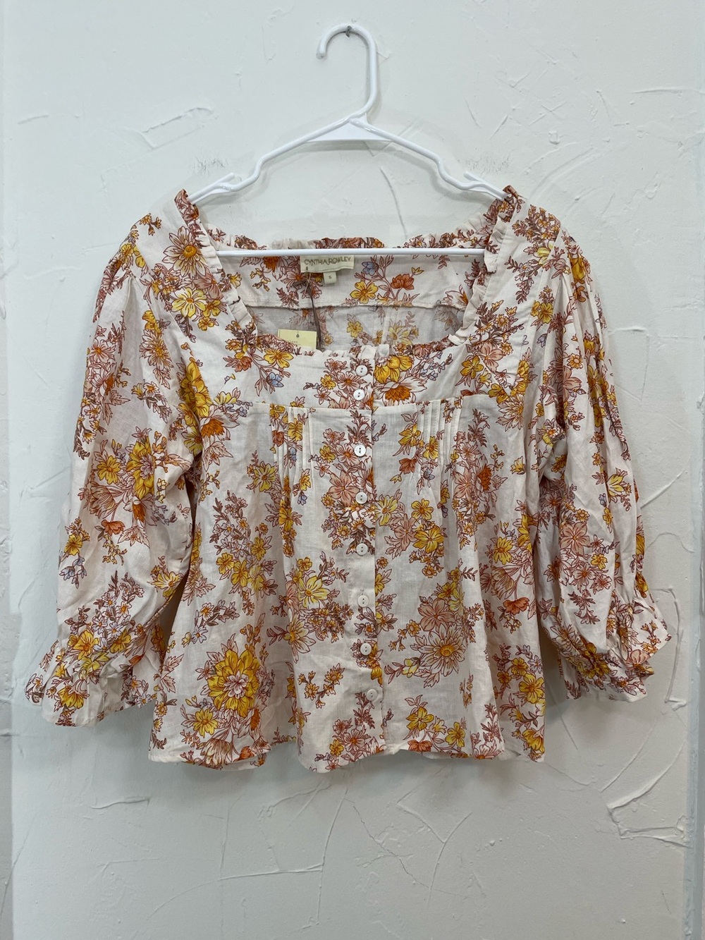 Cynthia Rowley Floral Button-Front Peasant Blouse in Cream, Yellow & Brown